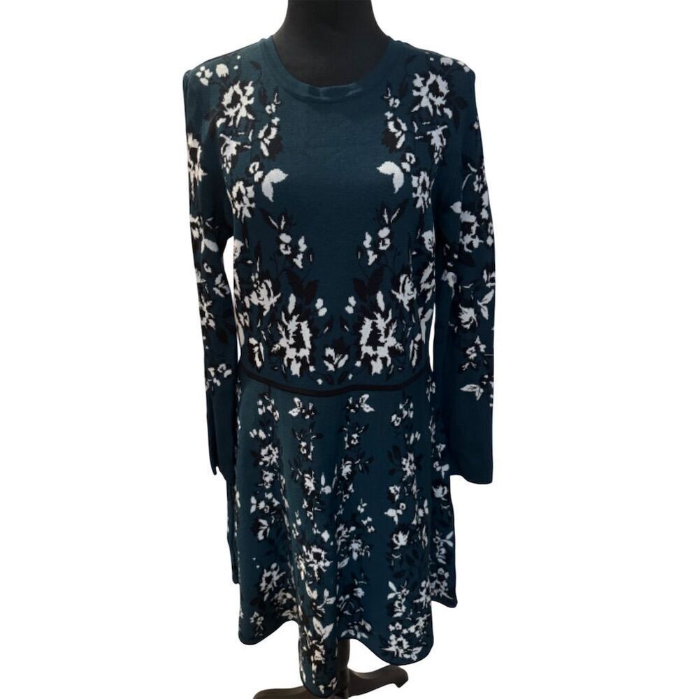 NWOT Eliza J Women's Green Floral A-line Knee Length Dress Long Sleeve